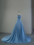 Strapless A-Line Satin Long Prom Dress, Blue Formal Evening Dress HZ1024