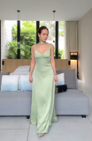 Elegant Spaghetti Strap Sheath Green Formal Dresses Satin Backless Green Bridesmaid Dresses HZ1121