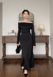Elegant Off-the-shoulder Sheath Black Formal Dresses Black Evening Dresses HZ1121