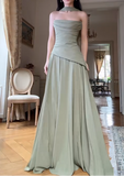 Elegant Strapless Sheath Green Long Formal Dresses Pleated Chiffon Green Wedding Guest Dresses HZ1121