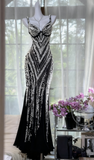 Elegant Strap Mermaid Long Prom Dress Chiffon Beaded Black Evening Gown HZ1121