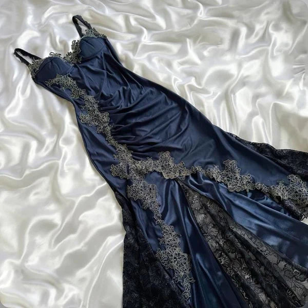Navy Blue Spaghetti Straps Mermaid Satin Appliques Prom Dresses Party Dresses HZ1024
