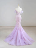Off-Shoulder Tulle Sequin Long Prom Dress Purple Formal Dress HZ1024