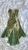 Olive Green Spaghetti Straps Satin Party Dress Vintage Lace Applique Chiffon Mermaid Evening Dress HZ1024