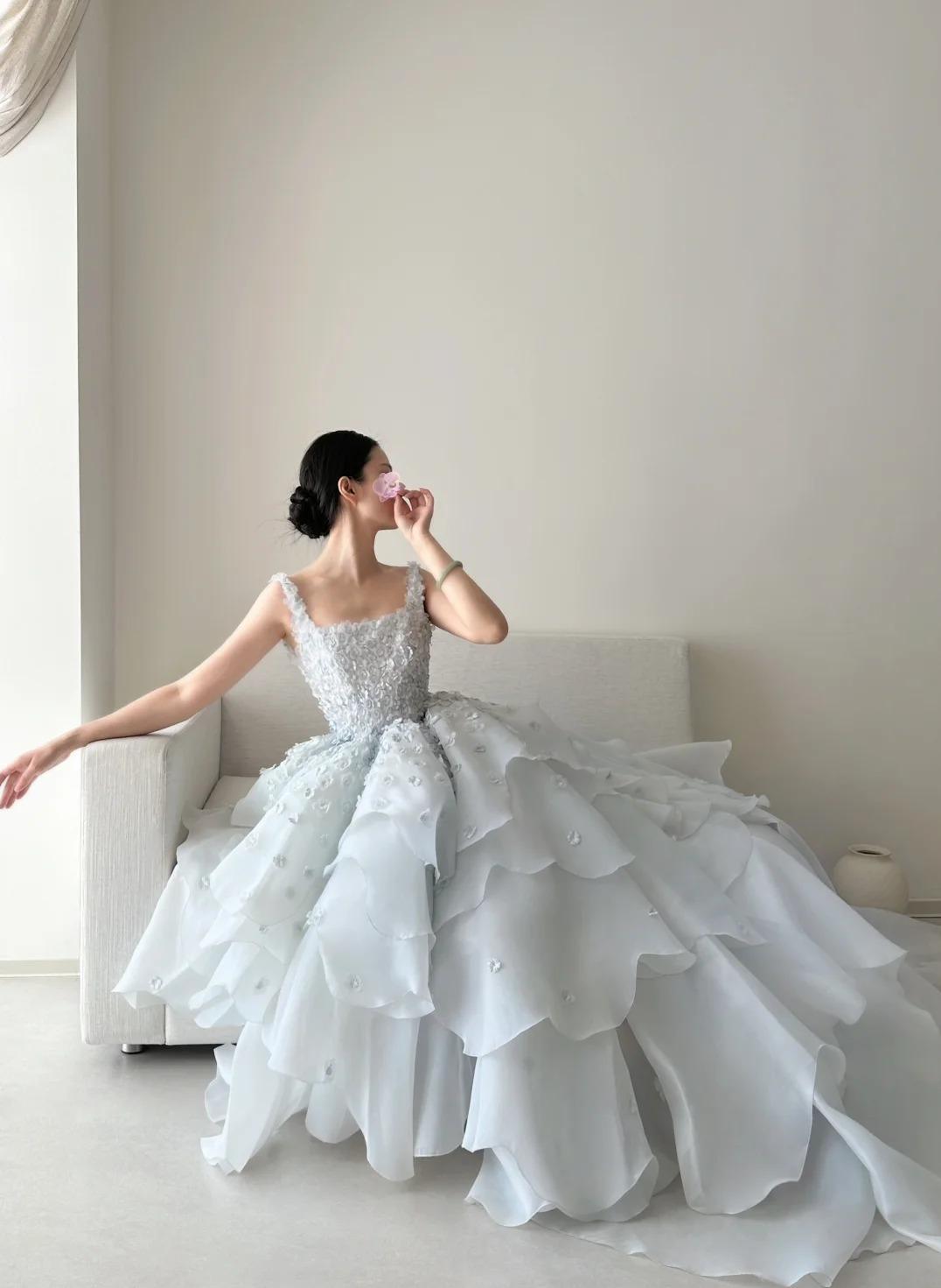 Spaghetti Straps A-Line Open Back Chiffon Layered Train Wedding Dresses HZ1024