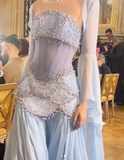 Purple Sheath Tulle Beaded Sleeves Long Prom Dresses HZ1024