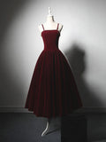 Velvet Tea Length Burgundy Prom Dress, Burgundy Cocktail Dress HZ1024
