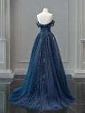 Off Shoulder Tulle Lace Dark Blue Long Prom Dress HZ1024