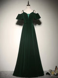 A-Line Velvet Long Prom Dresses, Green Formal Evening Dress HZ1024